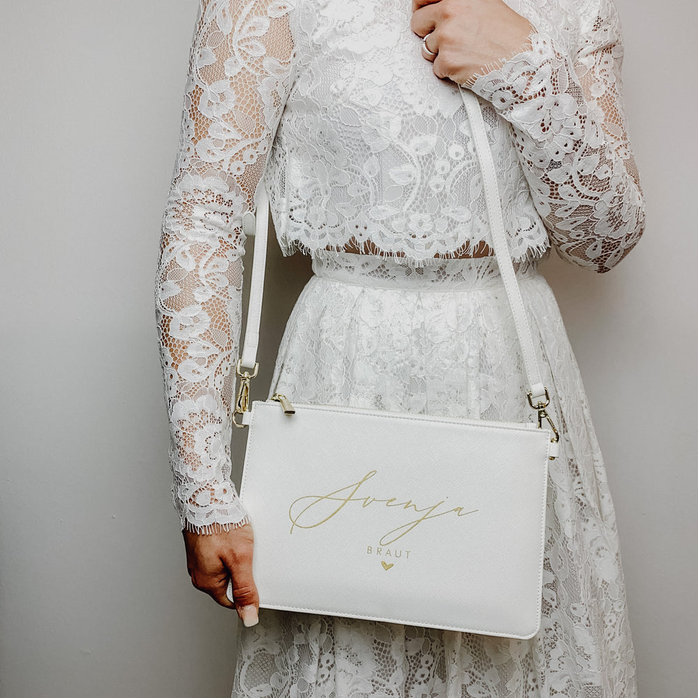 NobleDeer® Premium Umhänge- & Clutch-Tasche WUNSCHNAME + TITEL "Kalligrafie" (personalisiert)