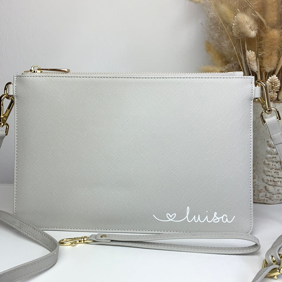 NobleDeer® Premium Umhänge- & Clutch-Tasche WUNSCHNAME "Herzchenschrift" (personalisiert)