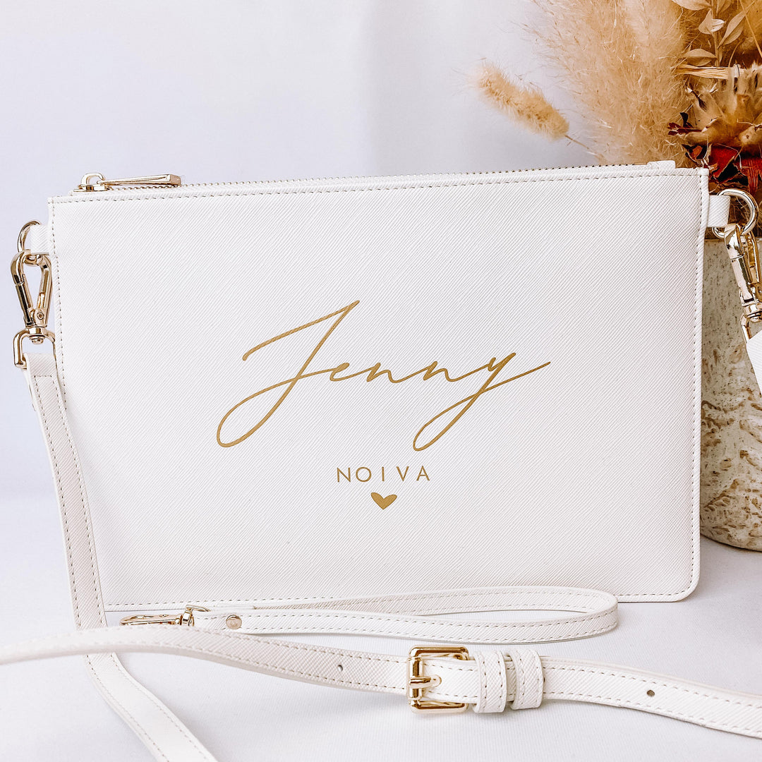 NobleDeer® Premium Umhänge- & Clutch-Tasche WUNSCHNAME + TITEL "Kalligrafie" (personalisiert)