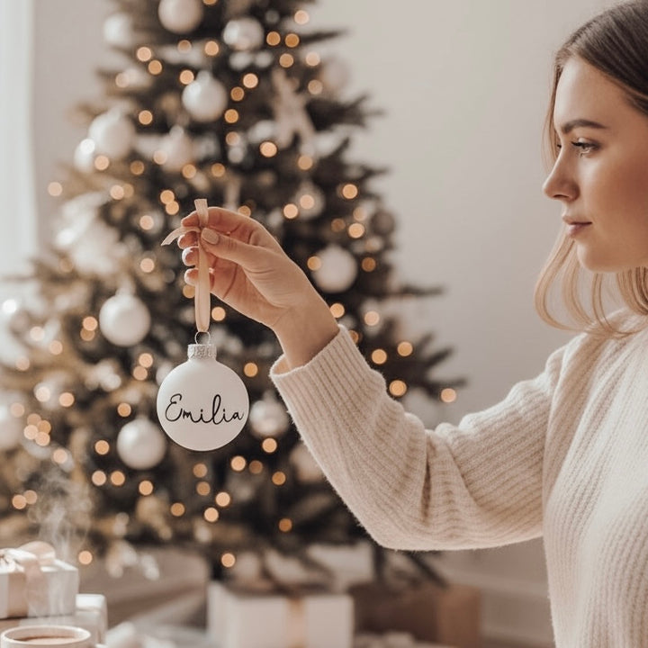 Weihnachtskugel WUNSCHNAME - weiß - 6 CM (personalisiert)