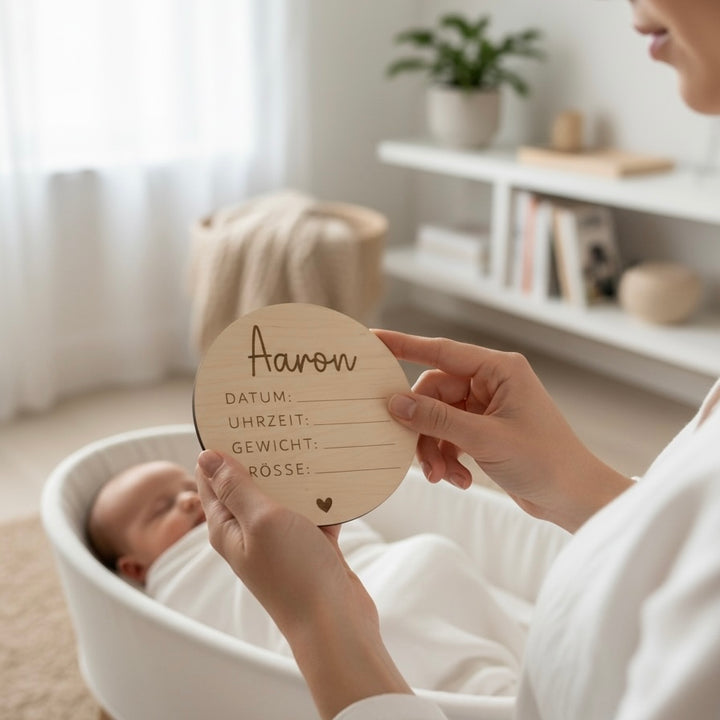 Namenschild mit Geburtsdaten aus Holz