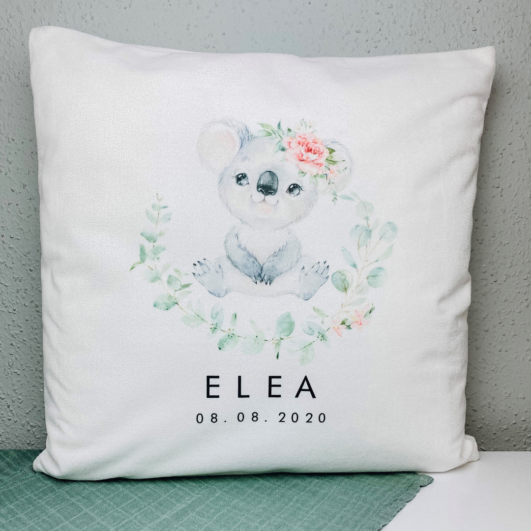 weiches Kissen mit Koala und Blumen, Kindernamen und Geburtstag