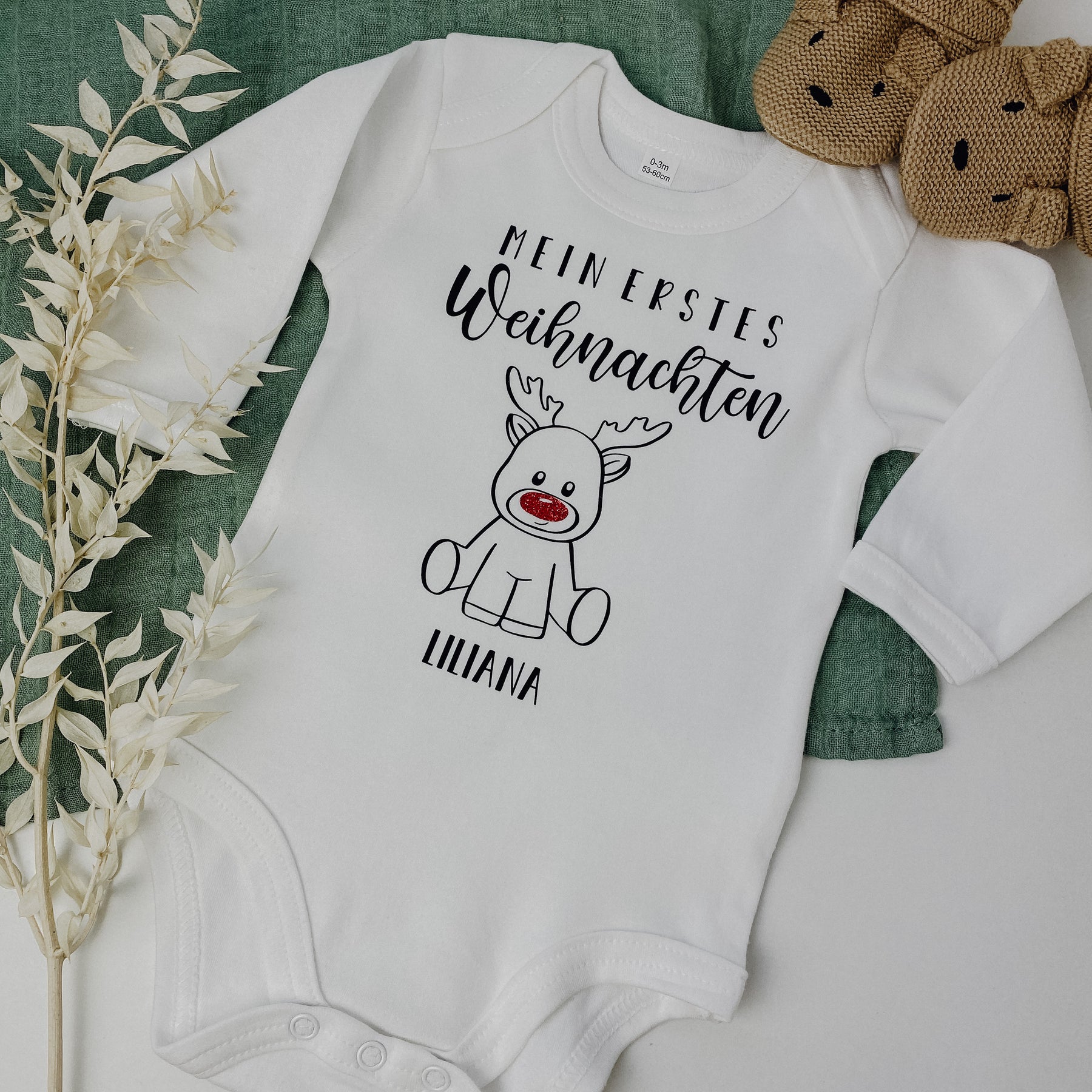 Personalisiertes Baby Body Langarm - Weihnachts Rentier Motiv Mit Namen