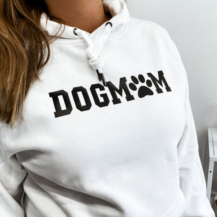 weißer Damen Hoodie mit dem Aufdruck DOGMOM + Hundepfote