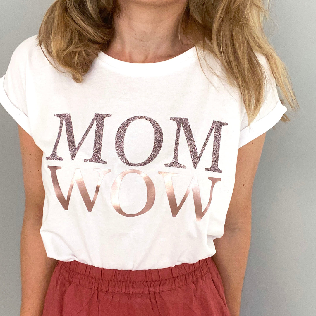 Damen Shirt in weiß, der Aufdruck in Glitzer rosegold MOMWOW
